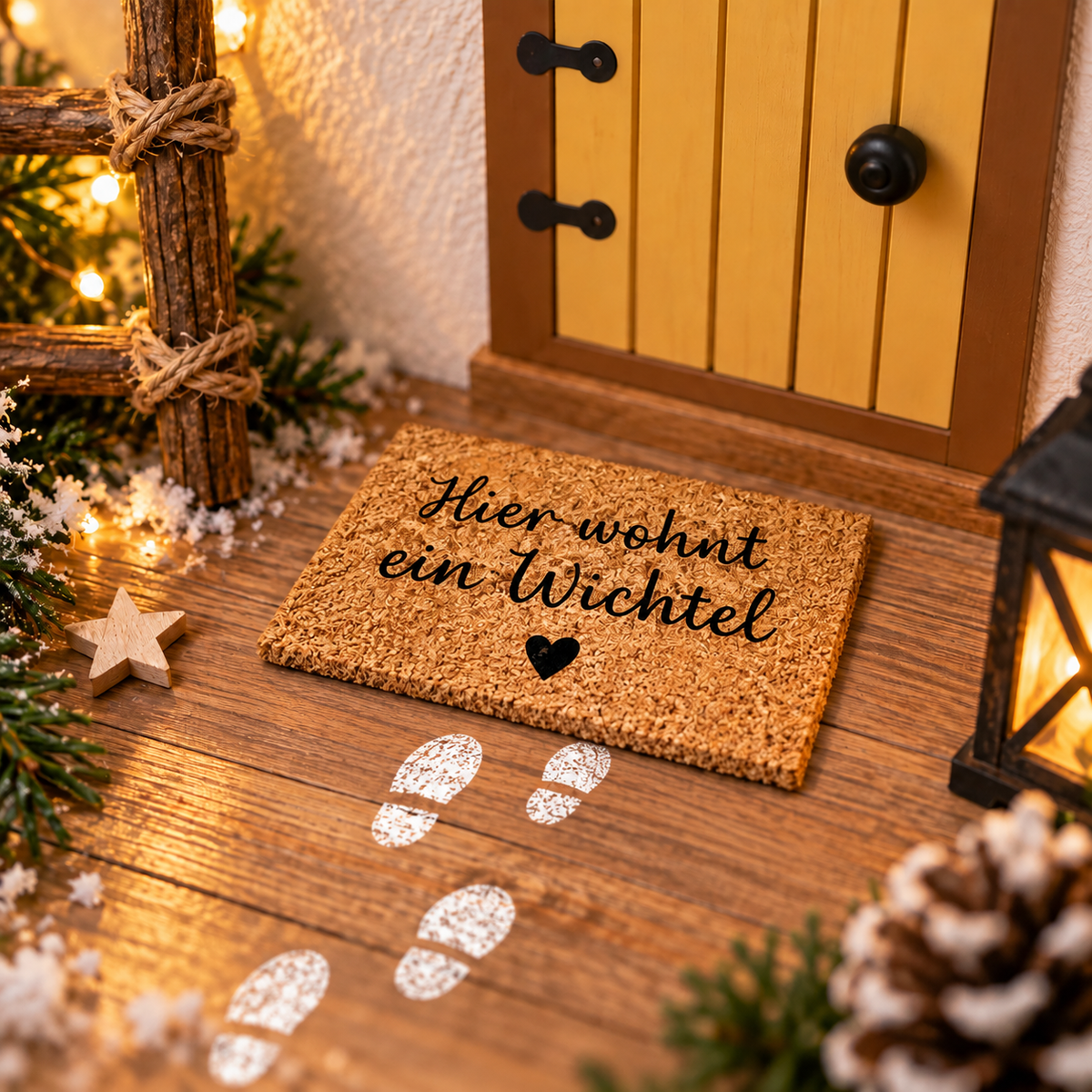 Wichteltüre mit Miniatur Korkmatte und Fußspurenschablone