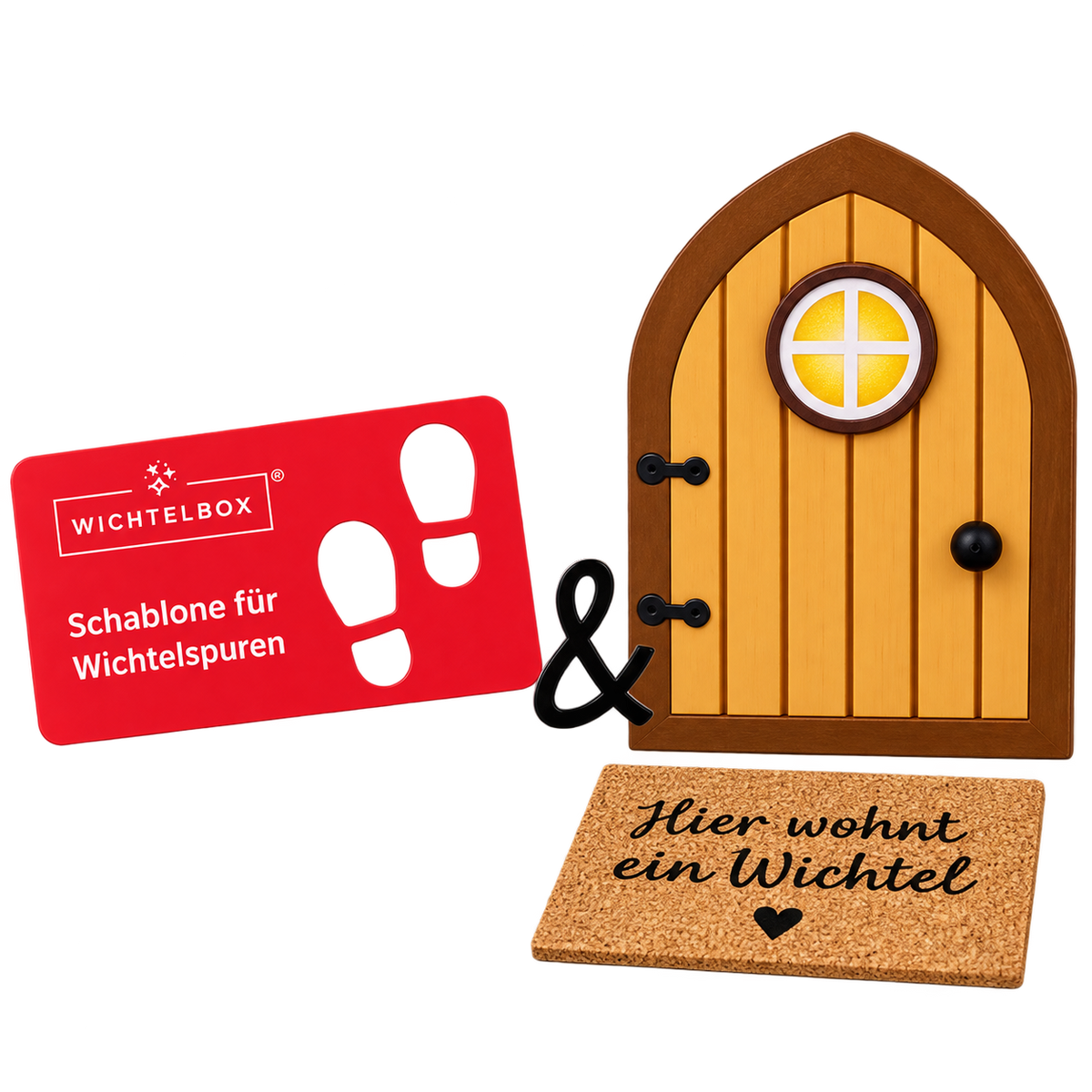 Wichteltüre mit Miniatur Korkmatte und Fußspurenschablone