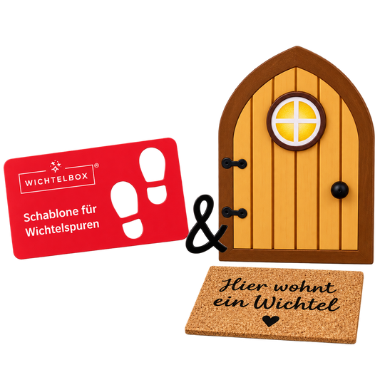 Wichteltüre mit Miniatur Korkmatte und Fußspurenschablone